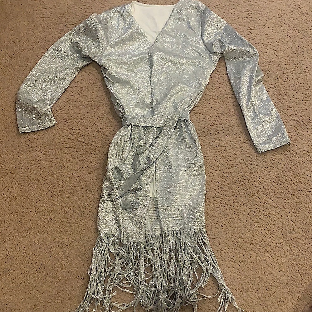 Woman’s Silver Sparkling Over Coat  with Tie